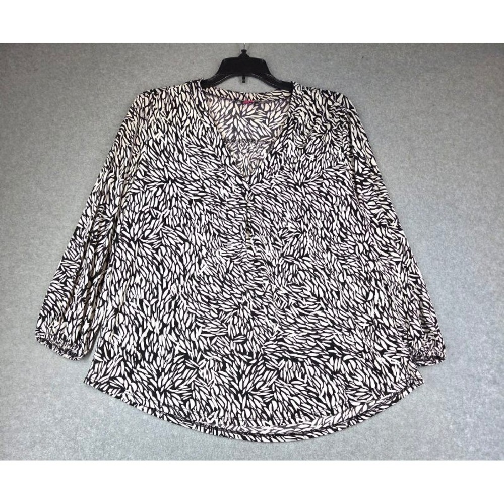 Vince Camuto Womens V-Neck Blouse Black White Abstract Print Long Sleeve Small